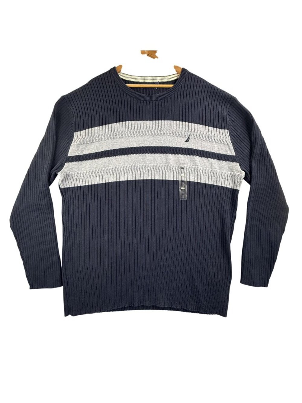 Nautica Sweater Mens 3XL Navy Gray Striped Crewneck Cotton Knit Ribbed Pullover